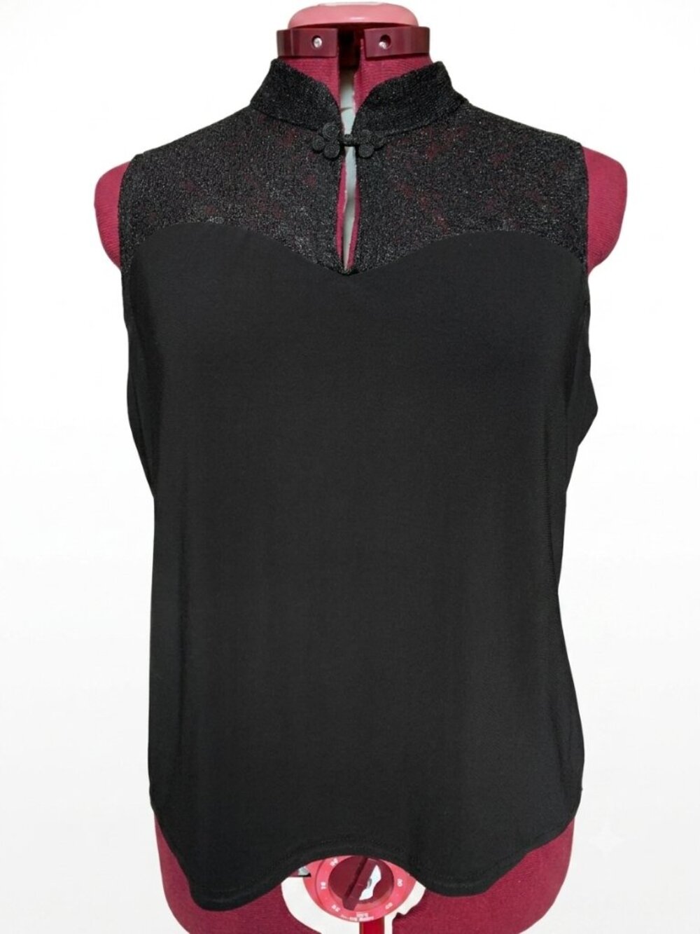 Vintage N.W.D Black Lace Yoke Mandarin Collar Frog Button Tank Top / Medium